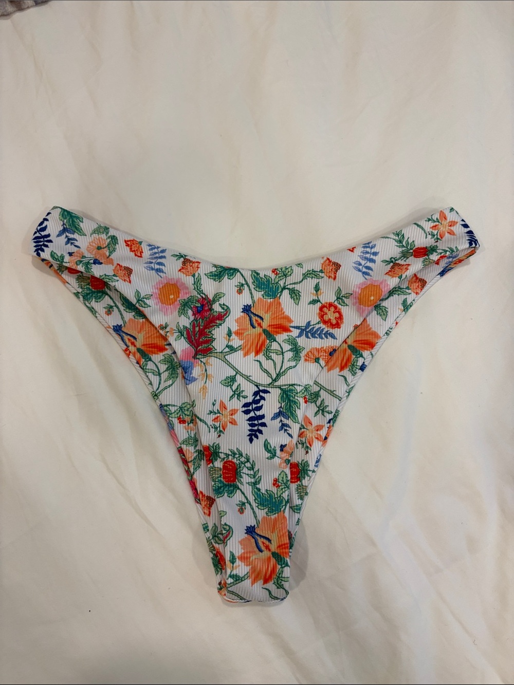 SHEIN White Floral Ribbed Bikini Bottoms with Orange & Green Print
